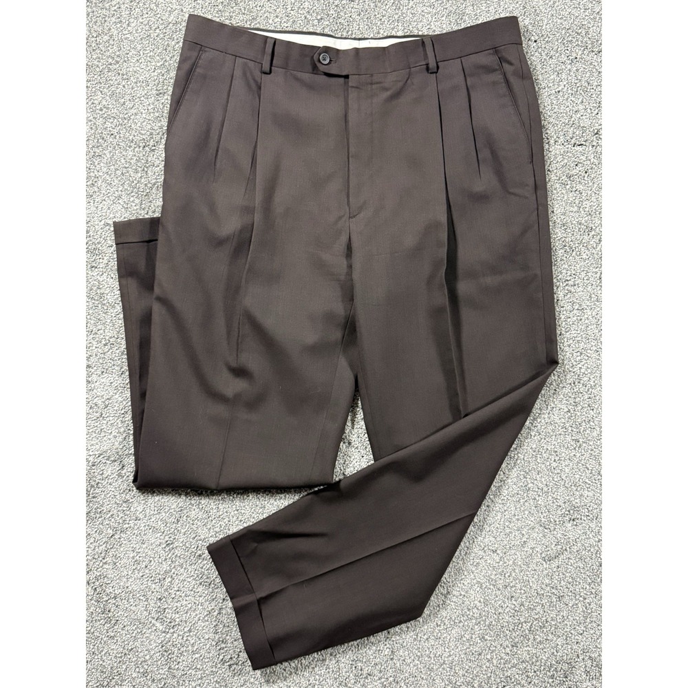 Pronto Uomo Mens 38x29 Brown 100% Wool Pleated Dress Pants Cuffed